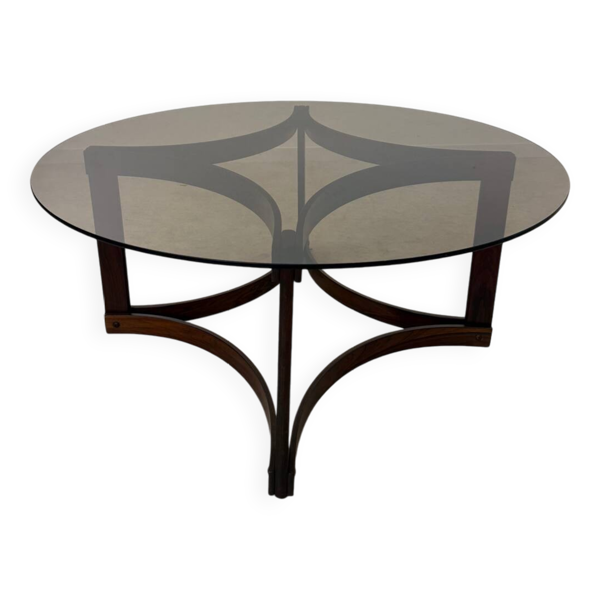 Ancienne table basse en palissandre et plateau de verre design Ingmar Relling pour Westnofa vintag annees 70