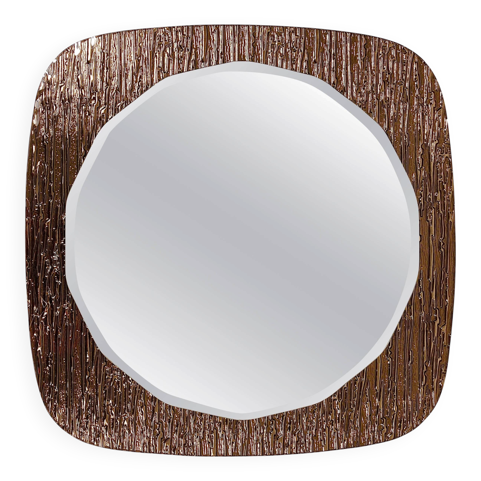 Crystal Art Sculpted Textured Wall Mirror Gold Bronze Mid-Century, Italy, 1960s