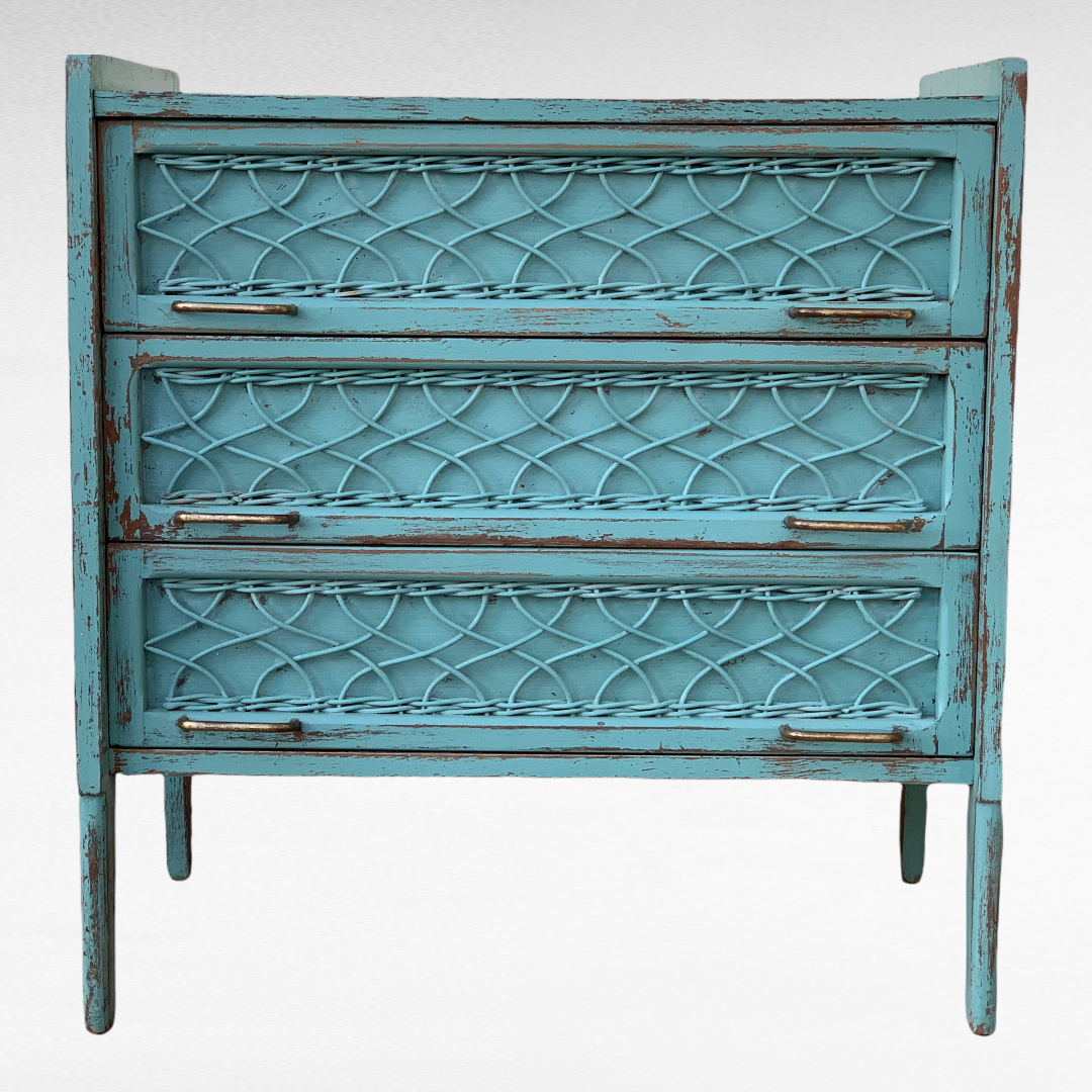Vintage chest of drawers wood and rattan patina turquoise 1950