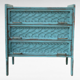 Vintage chest of drawers wood and rattan patina turquoise 1950