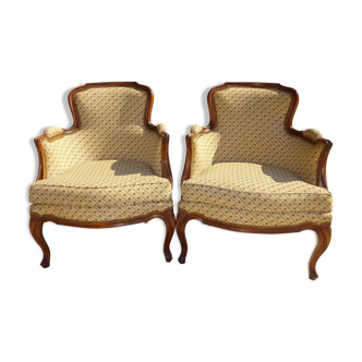 Fauteuils bergères en noyer et tissus tapissier, set de 2