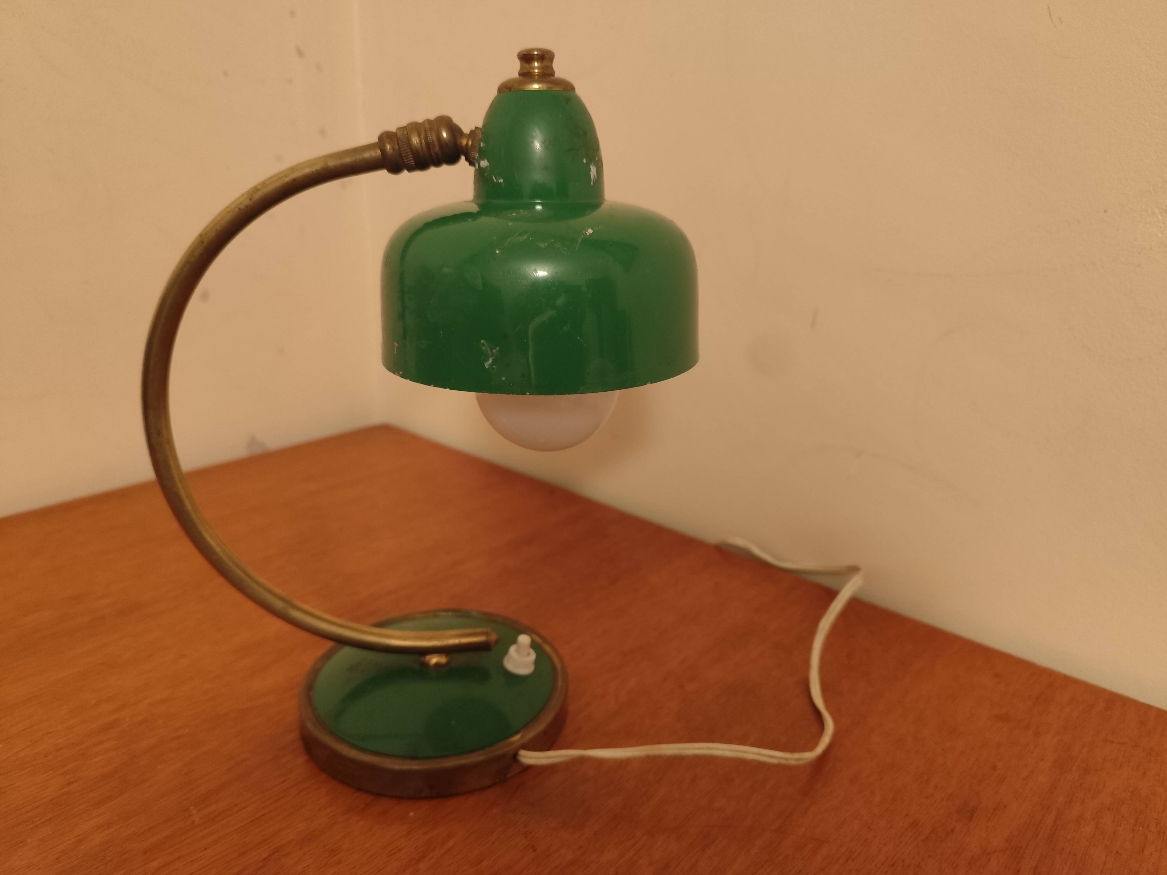 Vintage Scandinavian Art Deco desk lamp from the 40s, golden brass, retro, moon shape, swan neck