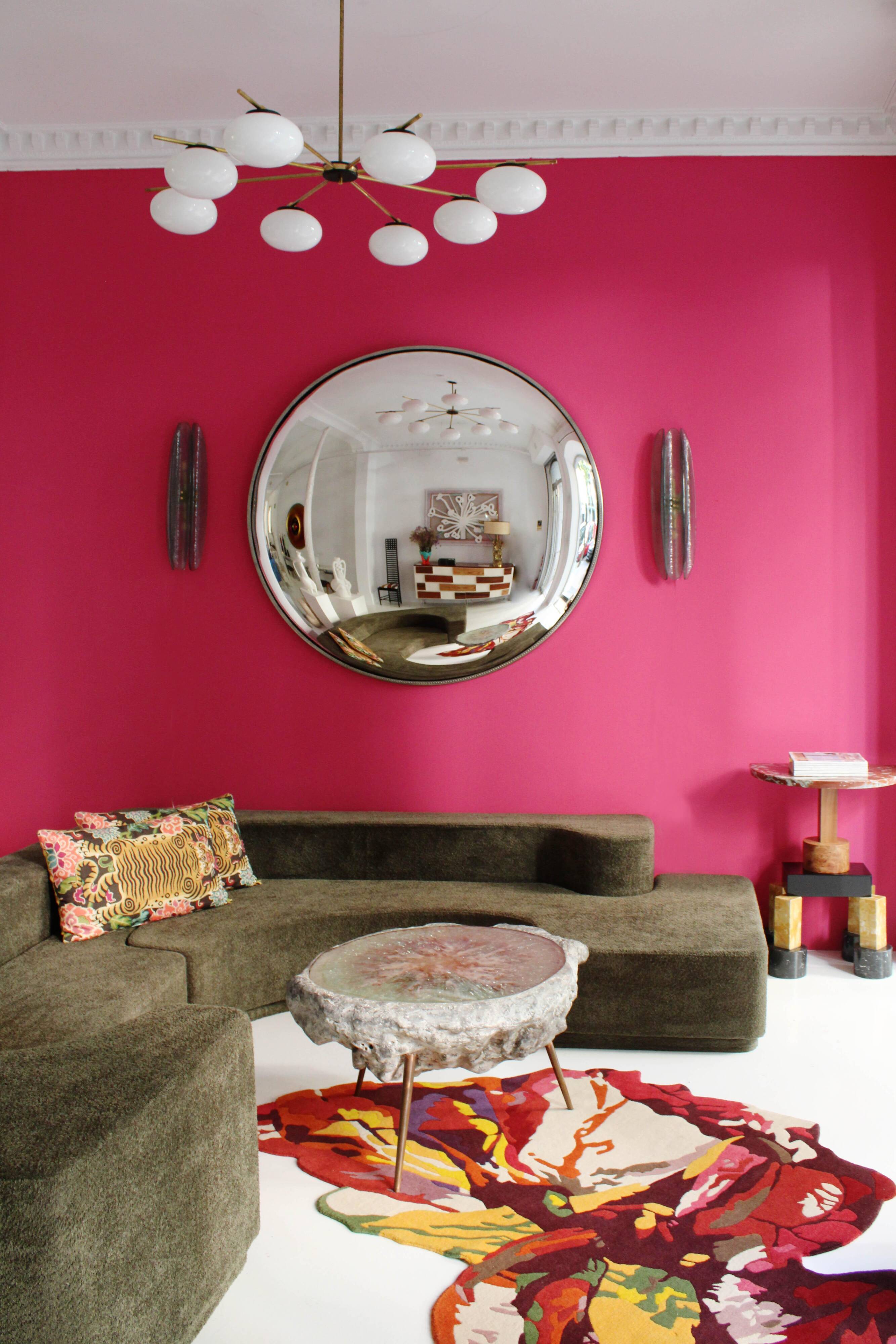 Mid Century Modern Style Large French Wall Mounted Round Convex Silver Mirror