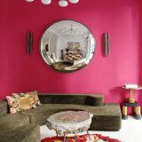 Mid Century Modern Style Large French Wall Mounted Round Convex Silver Mirror