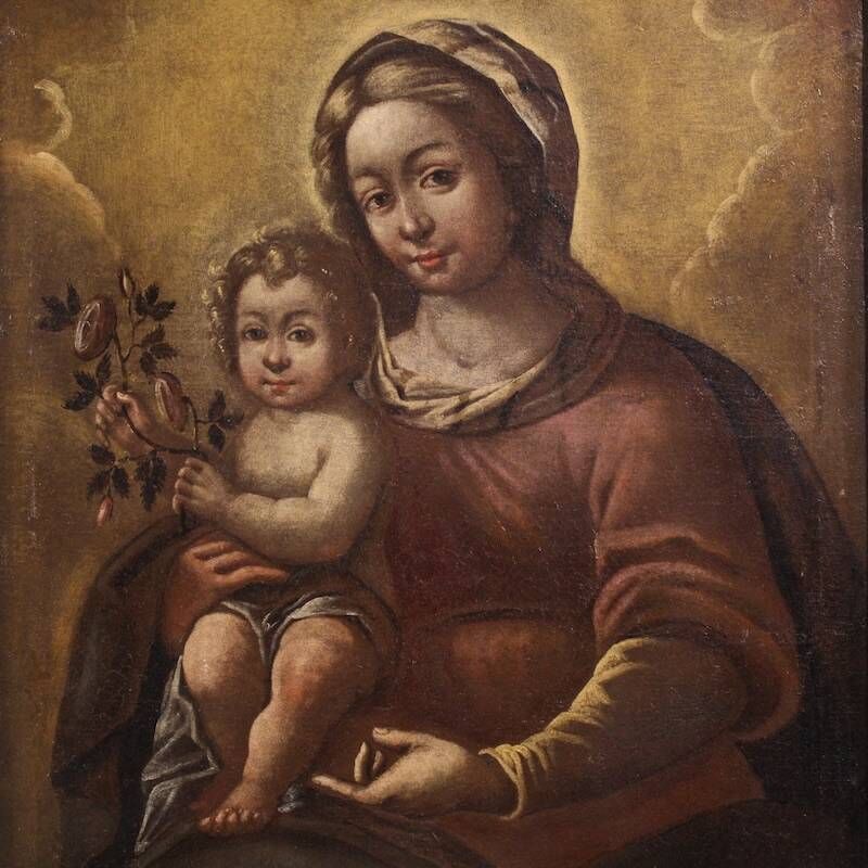 Antique Italian painting, Madonna and Child, from the 17th century