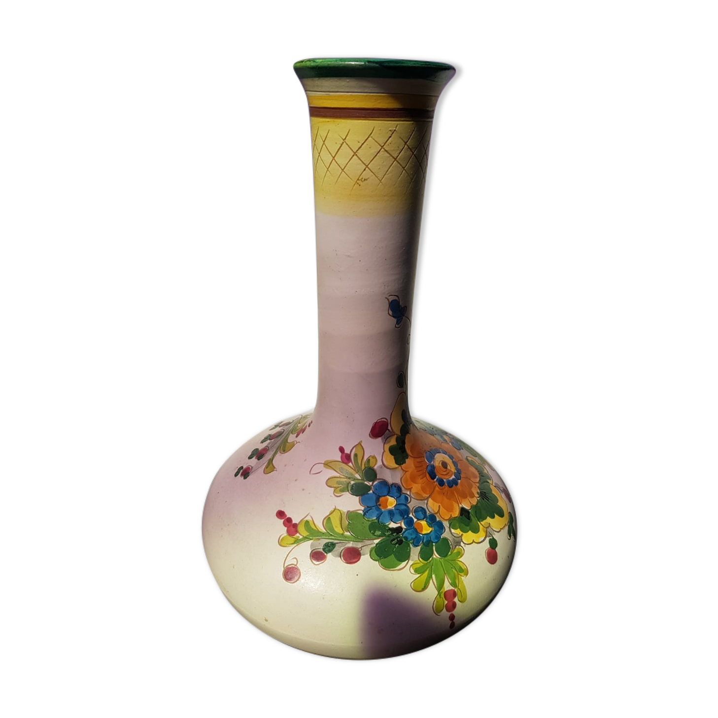 Ancient ceramic vase enamels decor flowers made in italy vintage