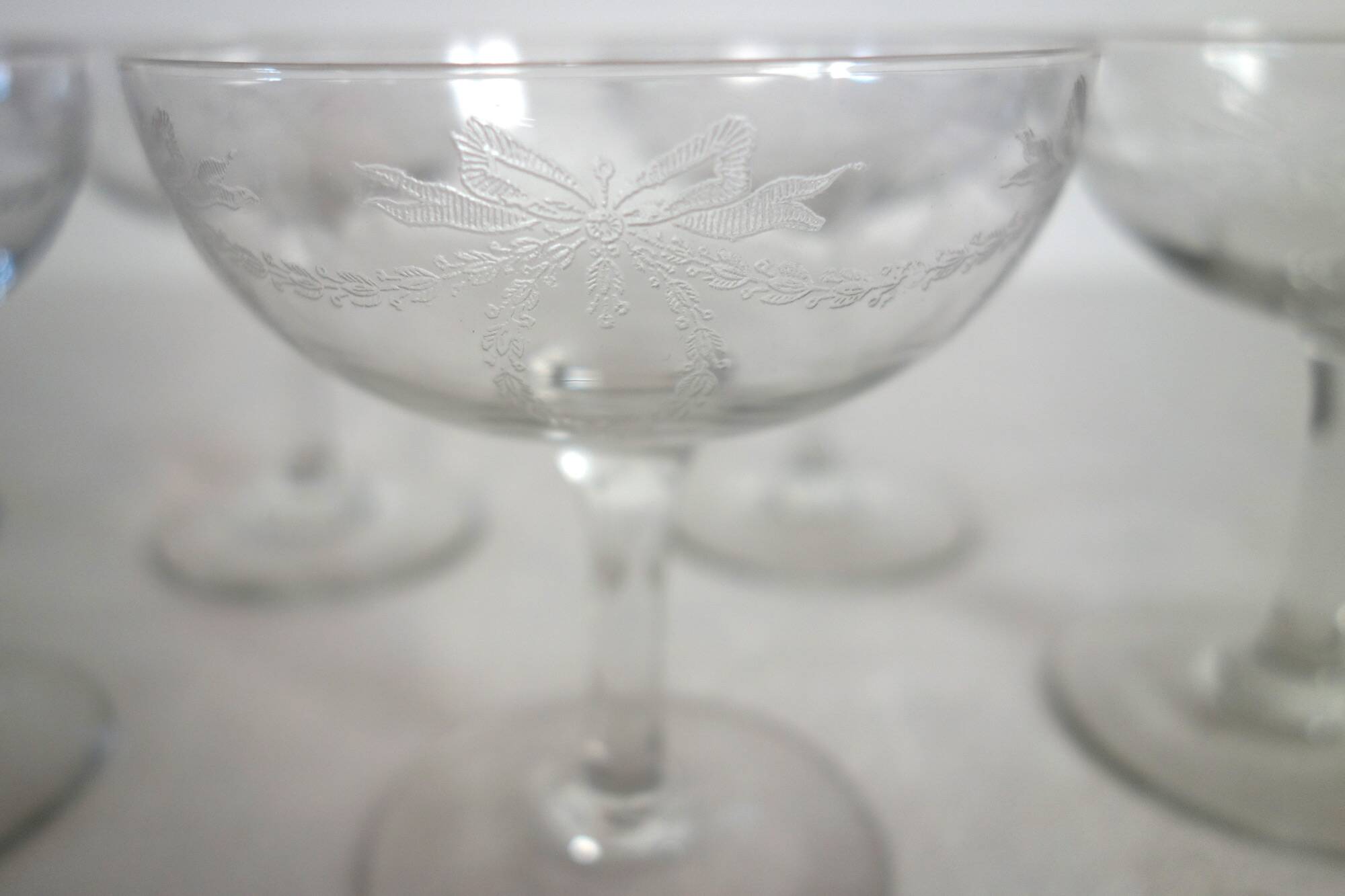 11 vintage engraved crystal champagne coupes