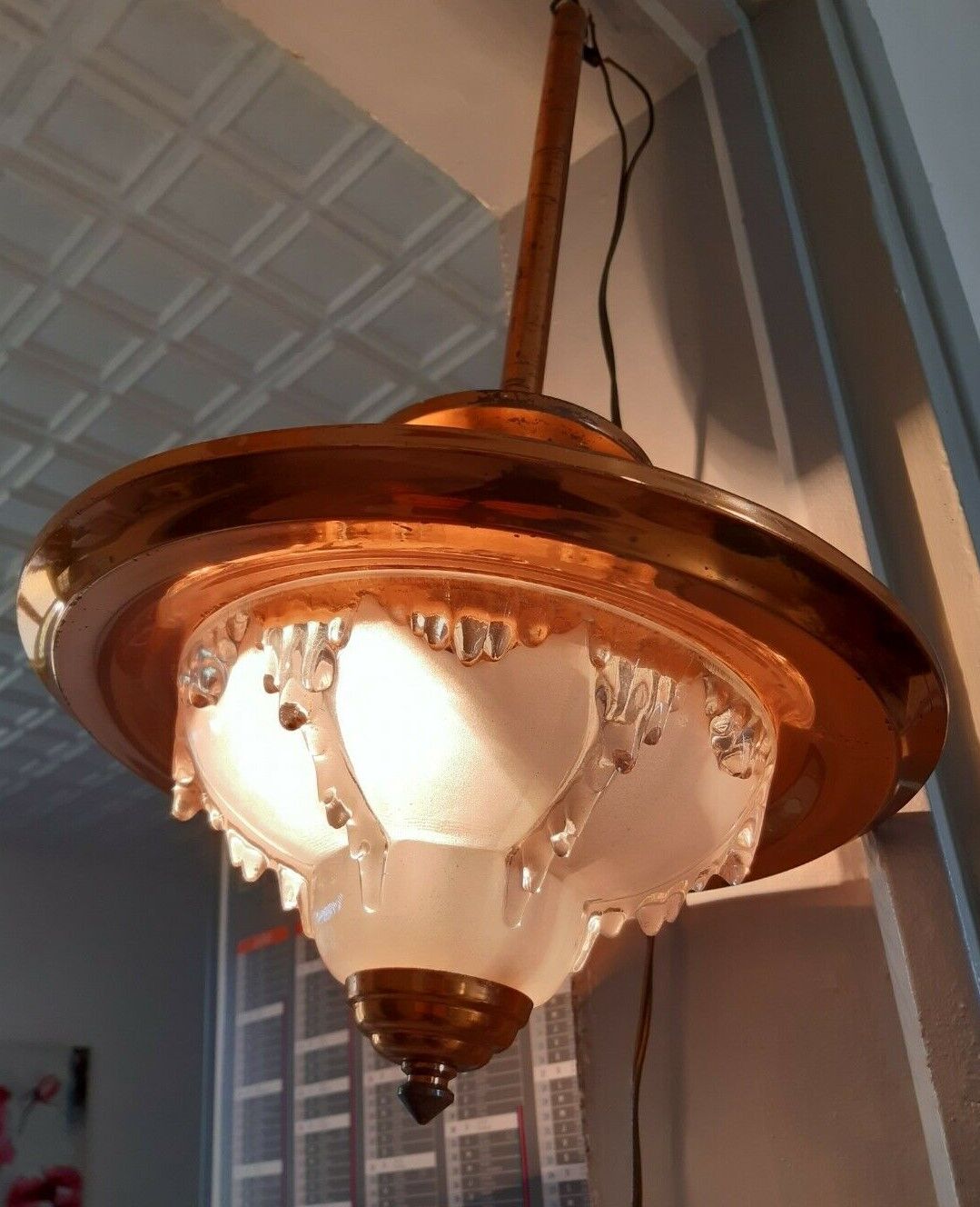 Suspension art deco Ezan copper and molded glass