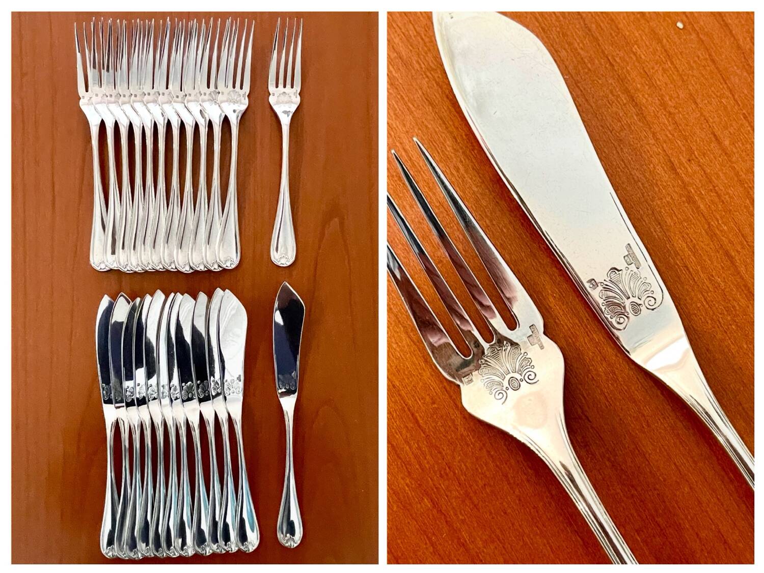 Christofle Marot Berain, 12 fish cutlery sets, shell decor