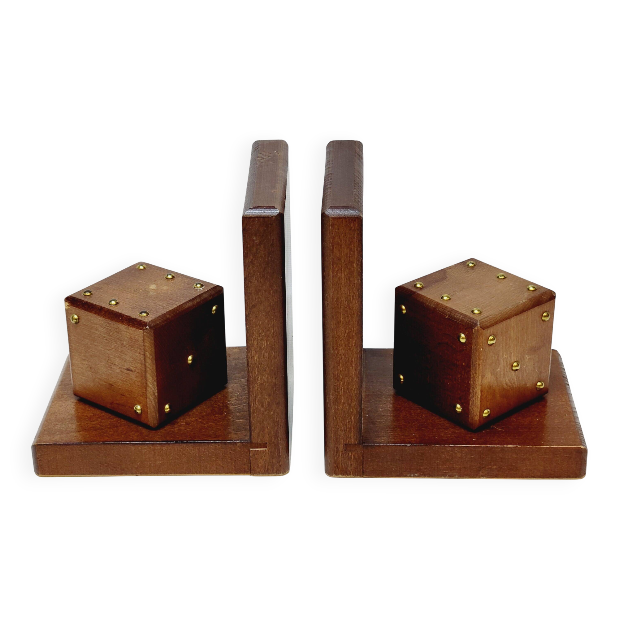 Pair of French Art Deco Wooden Bookends with Dice