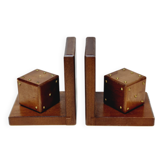 Pair of French Art Deco Wooden Bookends with Dice