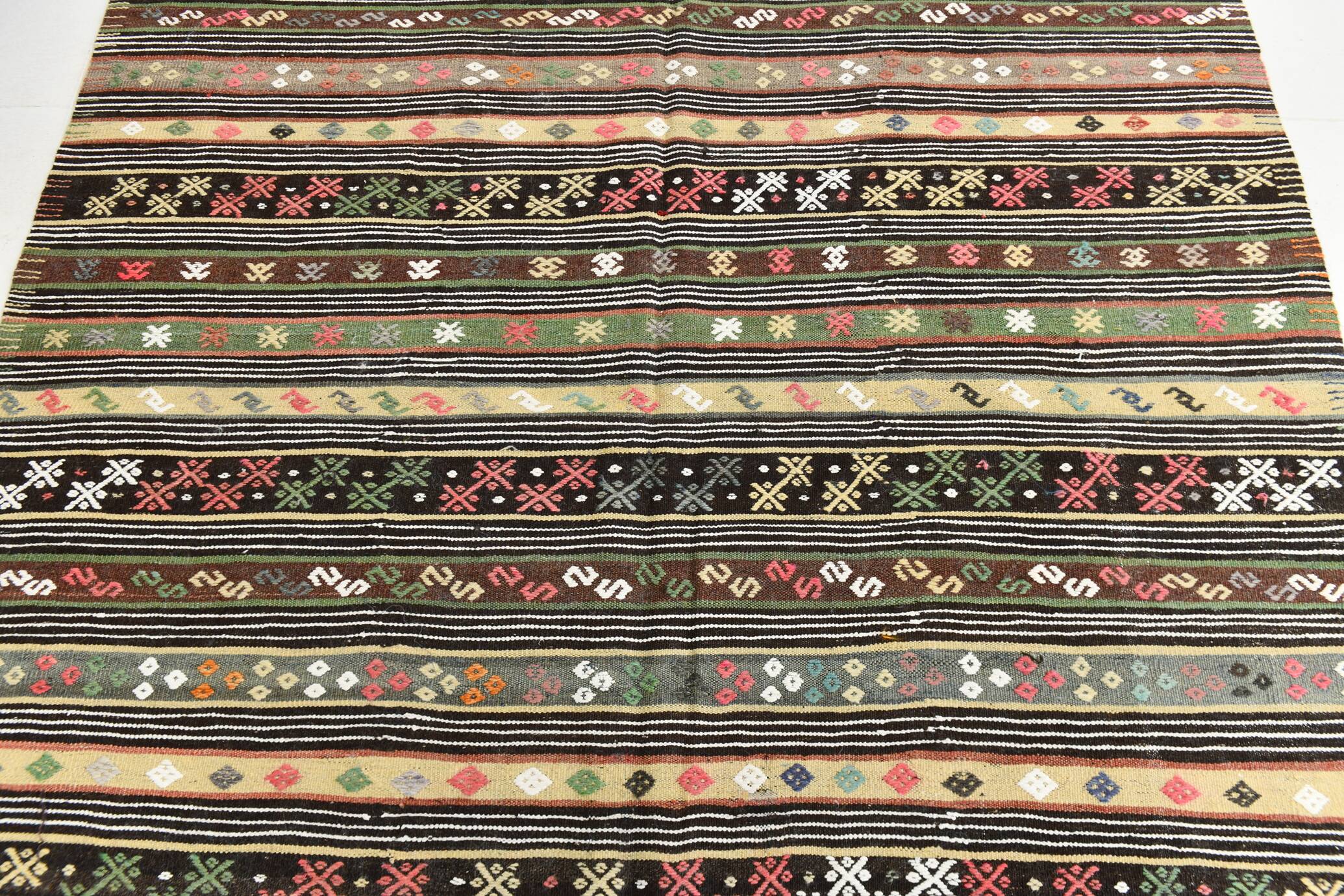 Tapis kilim bohème marron 7x10, motif ethnique, 202x304 cm