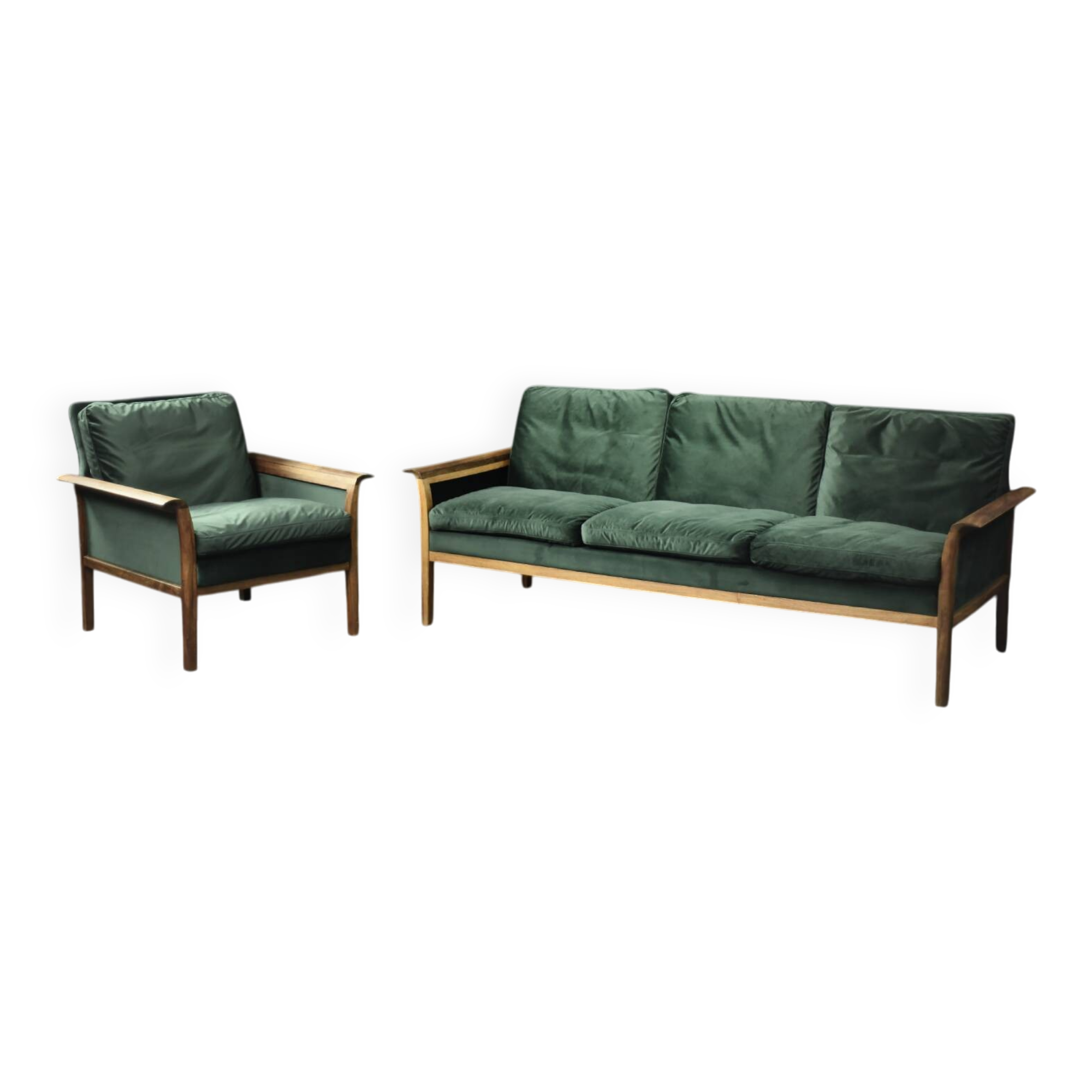 Vintage Mid-Century Modern Rosewood & Green Velour 3-Seater Sofa and Chair