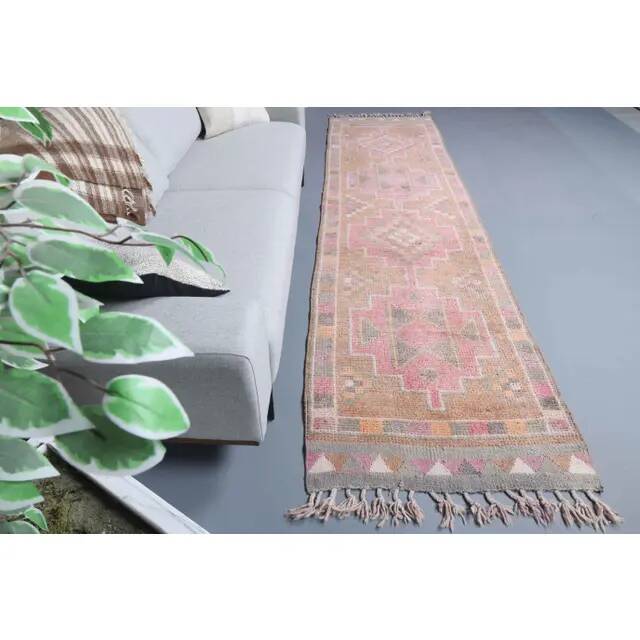 Vintage Turkish Hand-Knotted Wool Cotton Pink Runner92x335