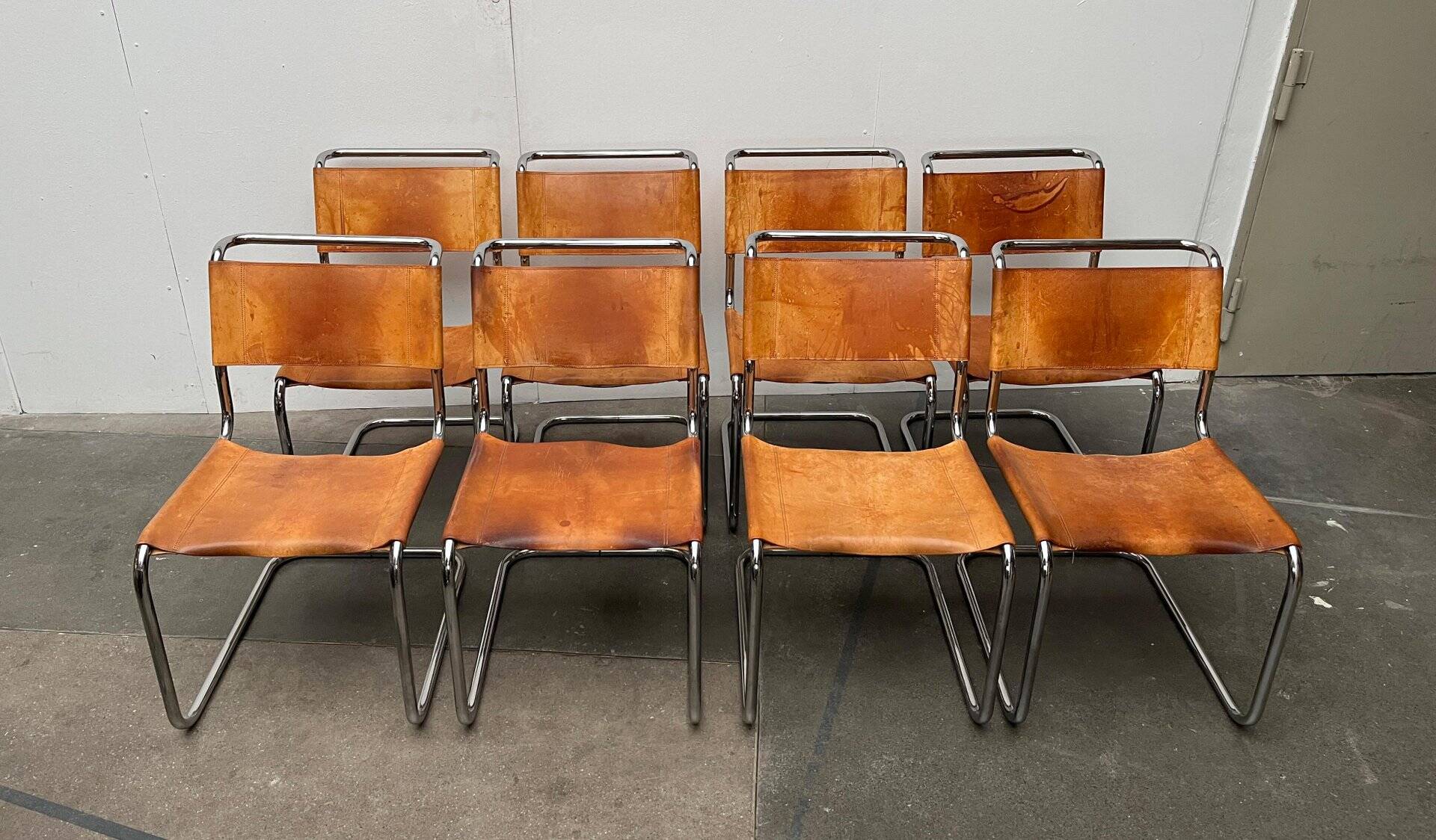 German vintage leather cantilever chairs S33 by Mart Stam for Thonet, set of 8