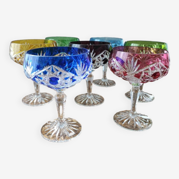 Set of 7 colored crystal champagne glasses signed baccarat