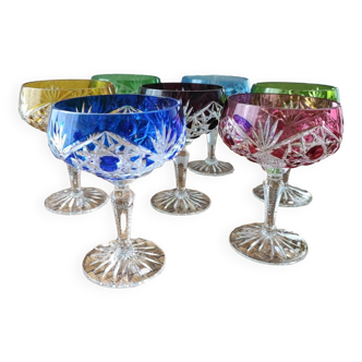 Set of 7 colored crystal champagne glasses signed baccarat