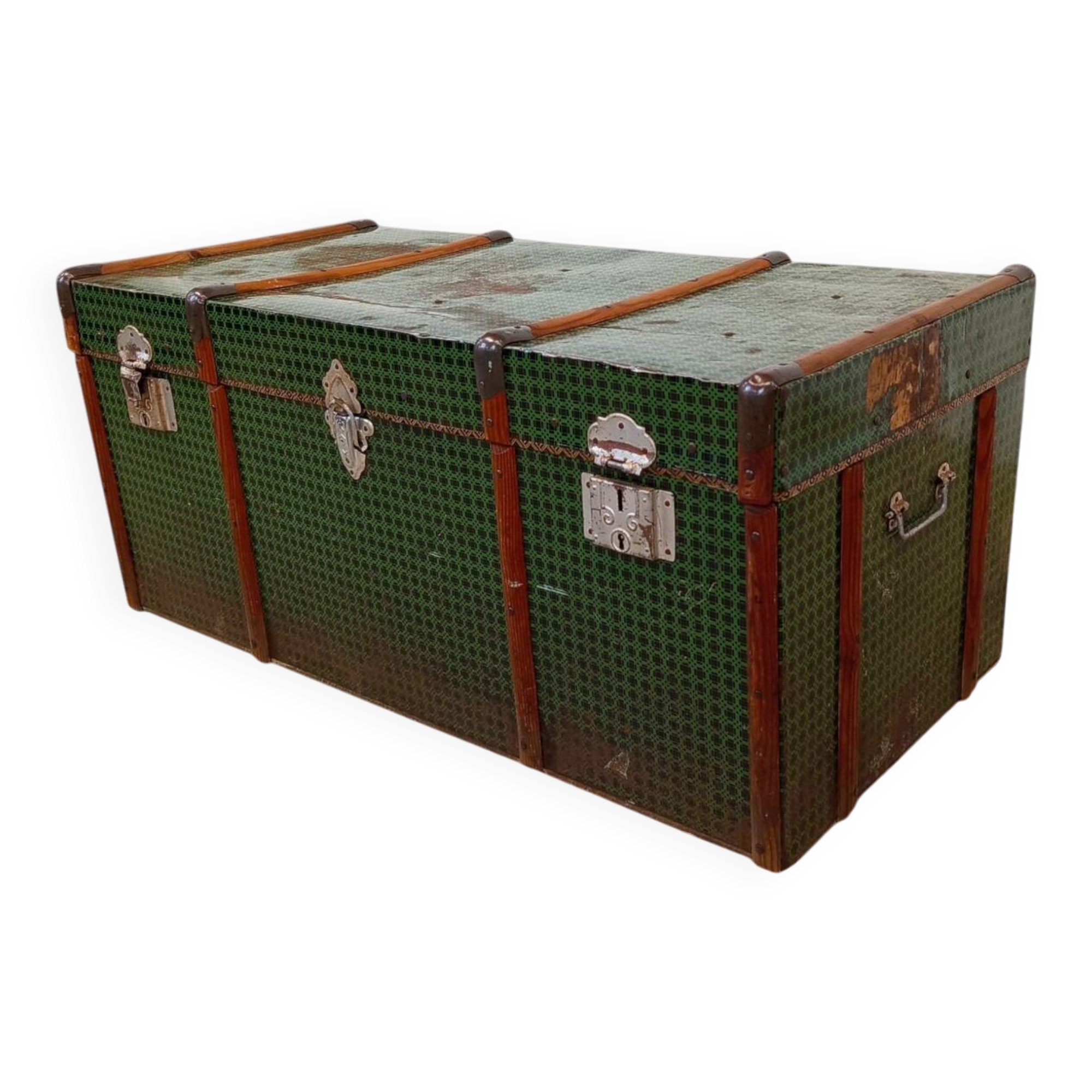 Vintage wooden and metal green travel trunk, circa 1930.