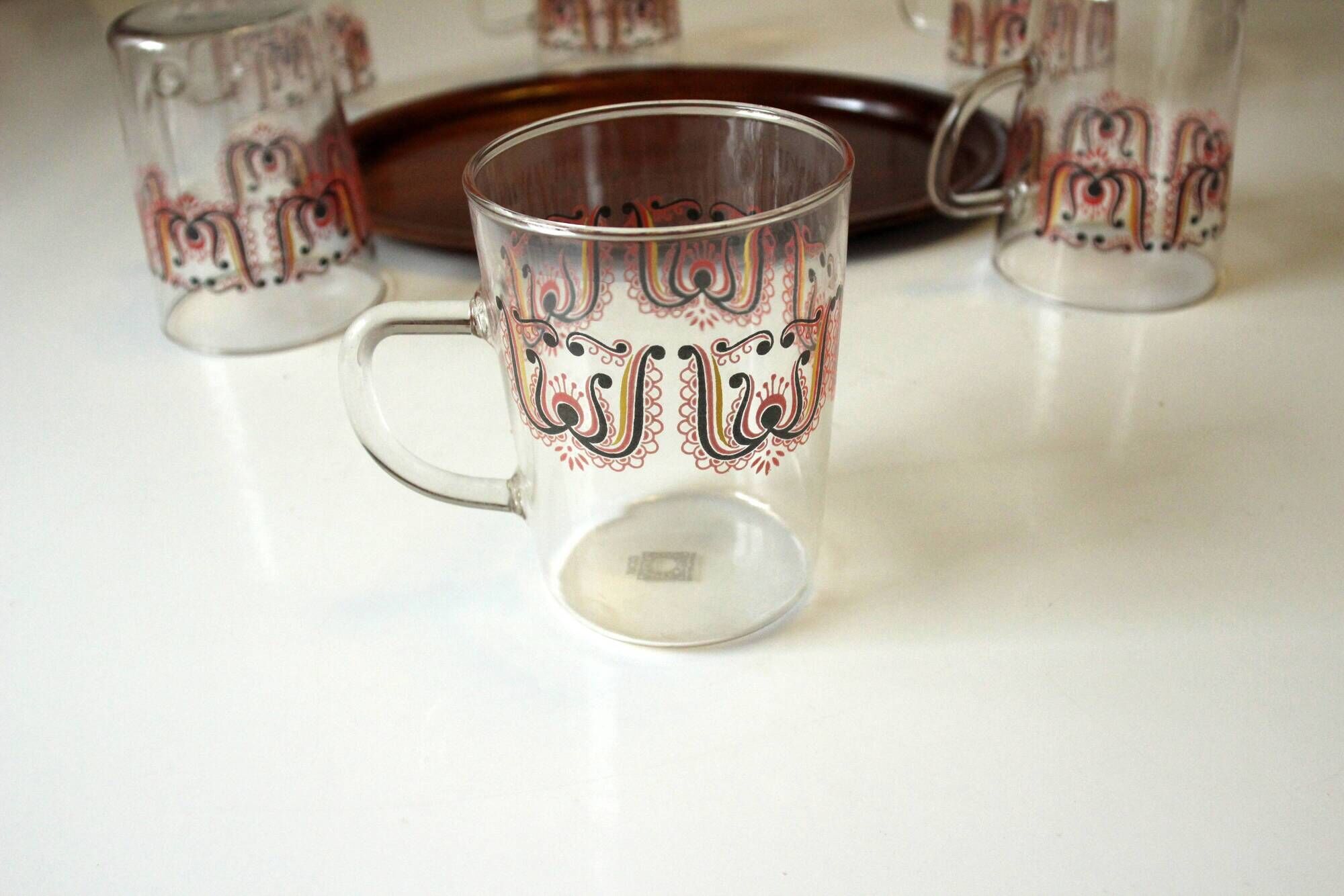 6 old tea cups on a serving tray, coming original from east germany GDR, Vintage from the 1970s