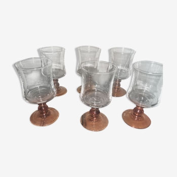 Set de 6 verres à vin en verre avec un pied couleur ambre, vintage - Haut 11 cm