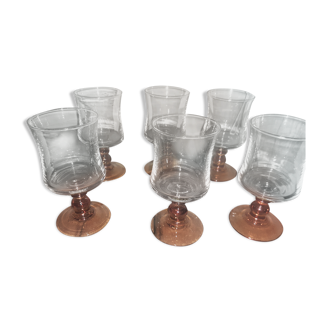 6 glass wine glasses, with an amber-coloured foot, vintage - Top 11 cm