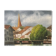 Painting on canvas of a village at the water's edge