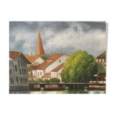 Painting on canvas of a village at the water's edge