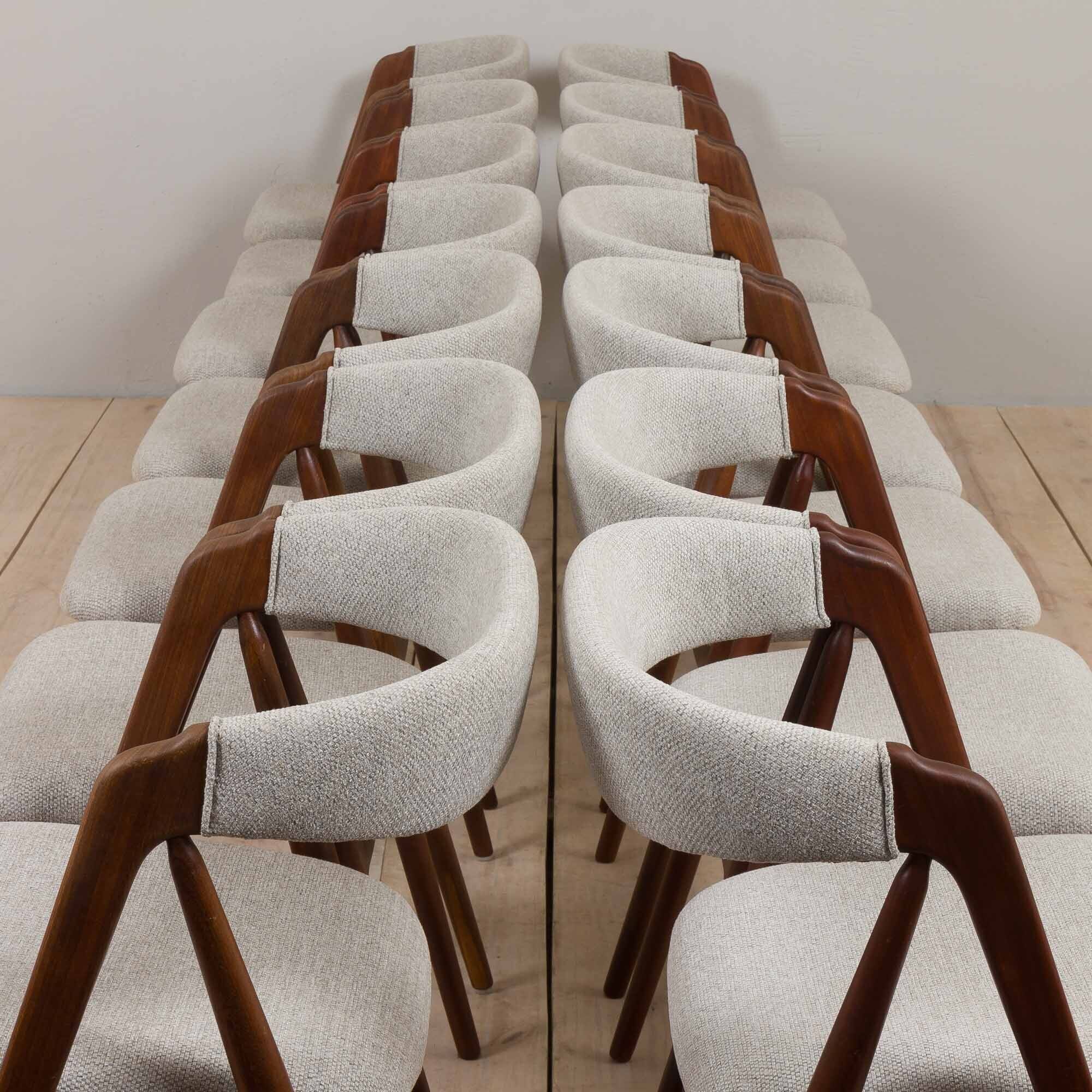 Set of 14 mid-century Danish teak dining chairs by Th Harlev for Farstrup Møbler in blue wool 1950