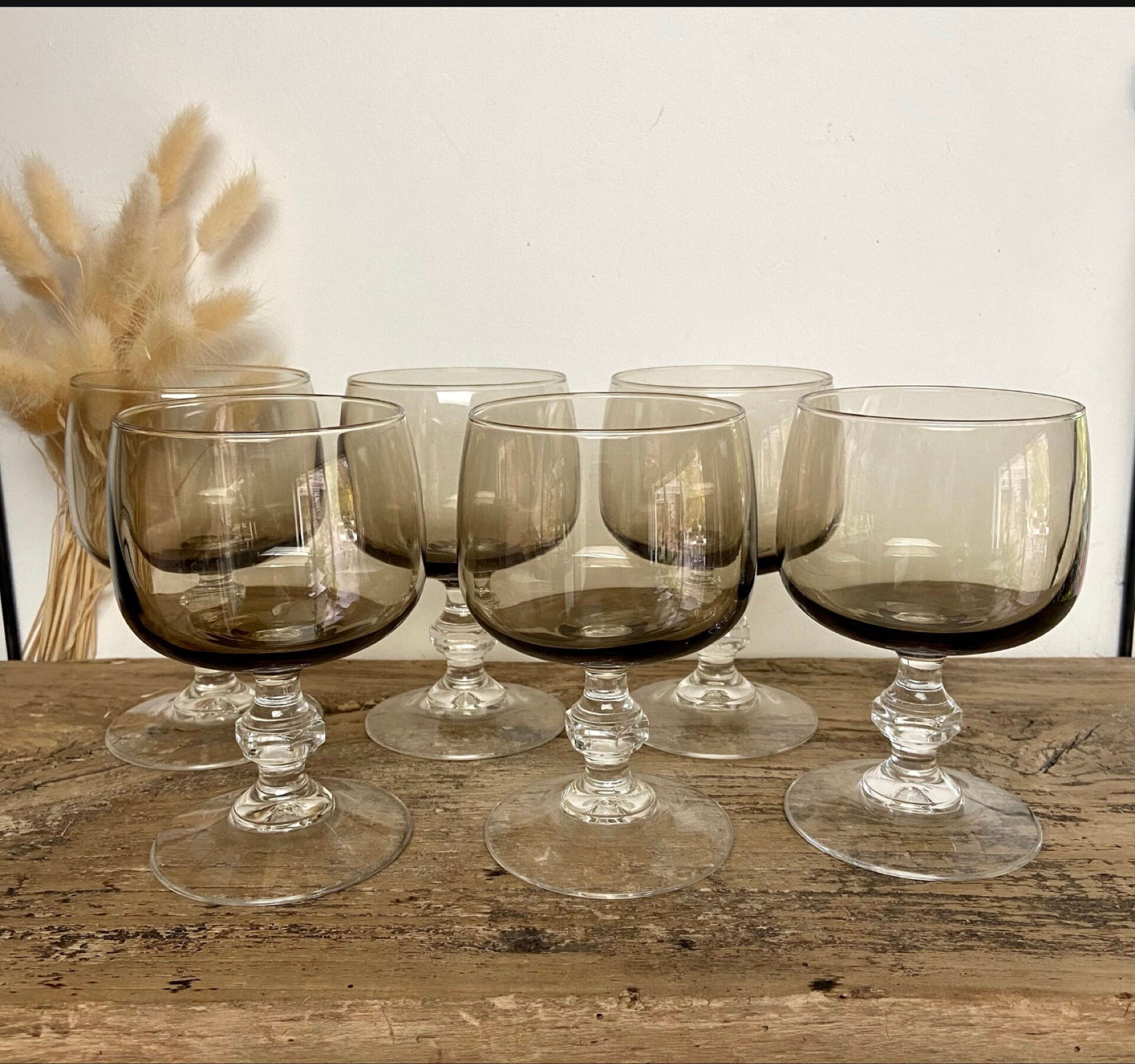 6 vintage smoked stemmed glasses