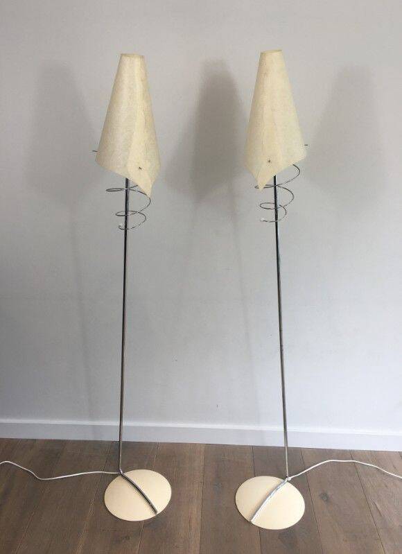Pair of designer parquet floor lamps composed of lacquered metal and chrome bases and designer white plastic lampshades