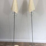 Pair of designer parquet floor lamps composed of lacquered metal and chrome bases and designer white plastic lampshades
