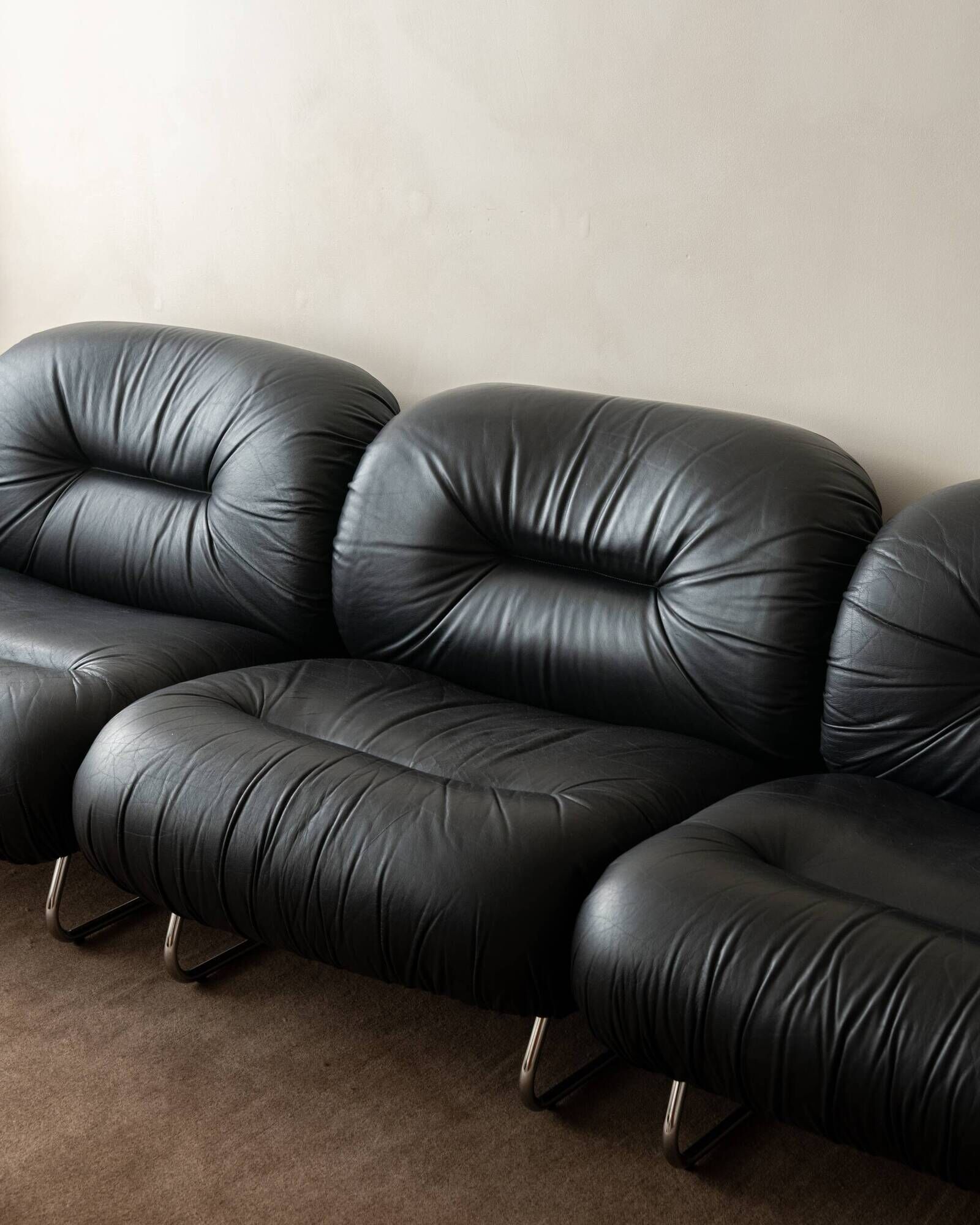 Italian Leather and Chrome Lounge Chairs, 1980s, Set of 3