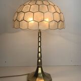 Large Hollywood regency midcentury Capiz and brass table lamp, 1960s