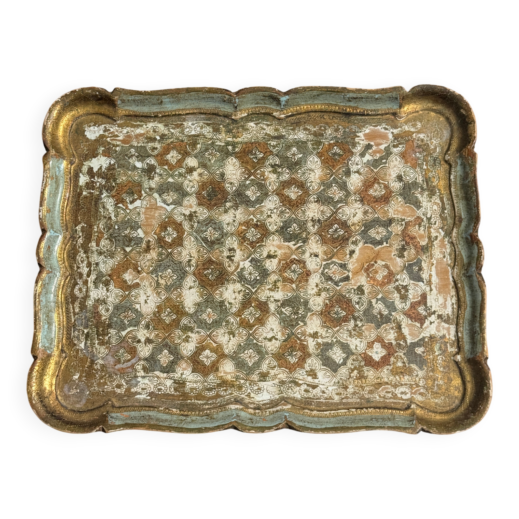 Large wooden tray hand-painted with blue and gold floral ornaments L48x38