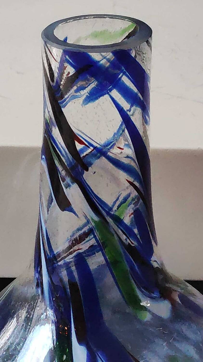 Designer Ball Vase in blown art glass, Murano style. Multi-colored speckles/smoke swirls. Dim 26 x 13 cm