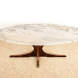 Oval coffee table in Carrara marble and rosewood, Hugues Poignant 1960