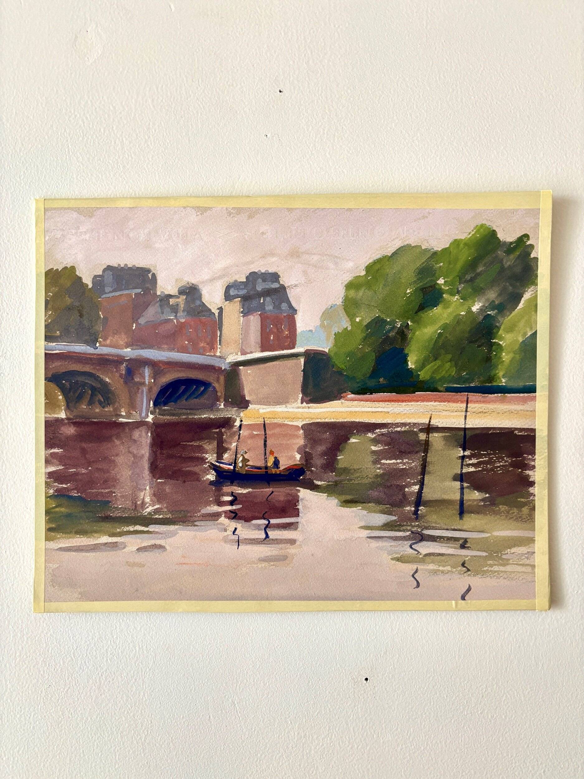 Painting on paper "Houses, bridge, river, boat and people" n°24