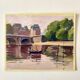 Painting on paper "Houses, bridge, river, boat and people" n°24