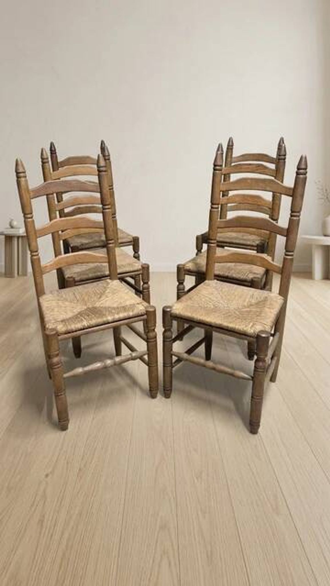 Set of 6 vintage wooden ladder-back dining chairs with woven seats