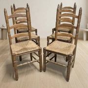 Set of 6 vintage wooden ladder-back dining chairs with woven seats