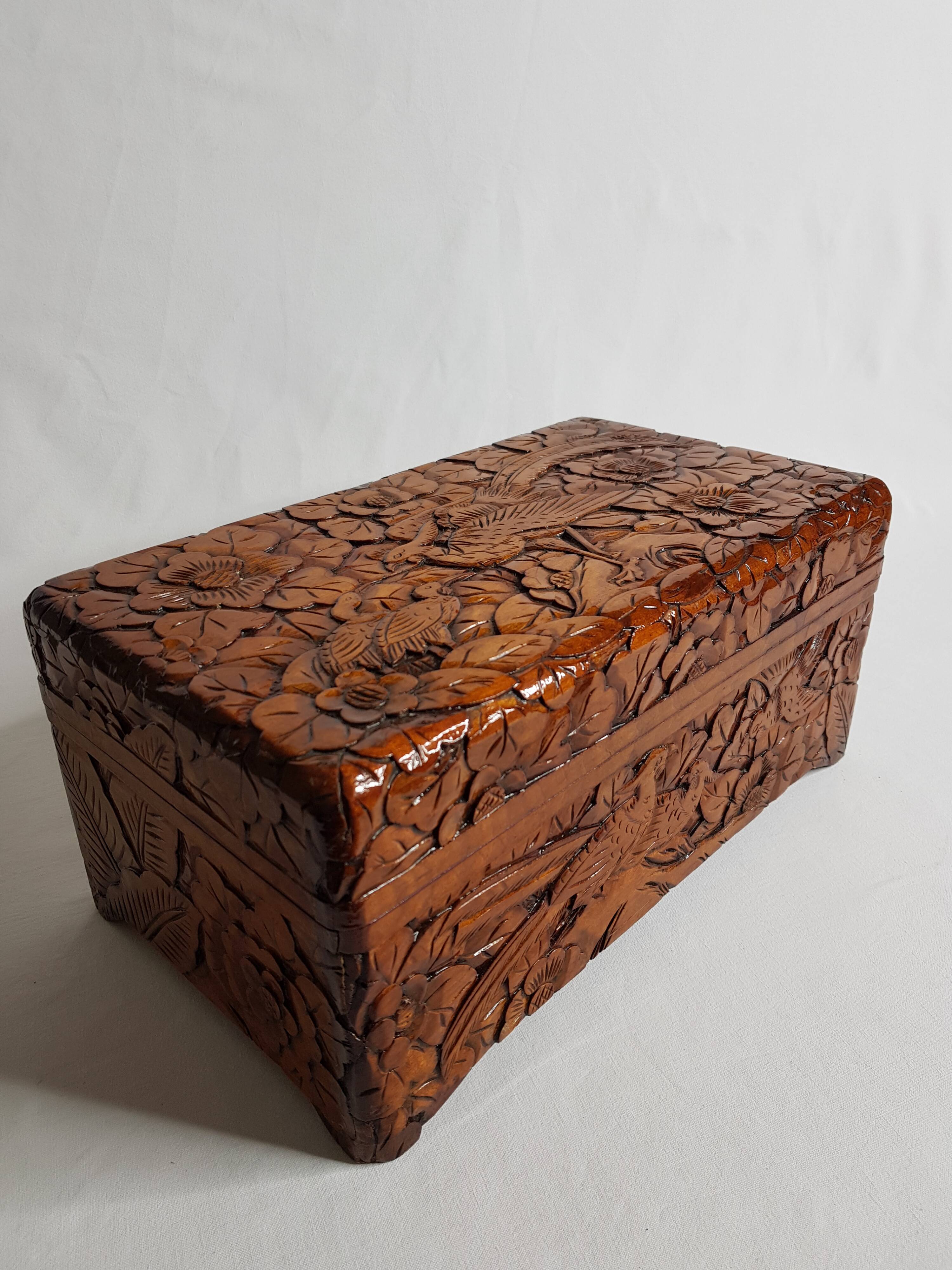 Old wooden box carved in Dodin around 1950 decorated with Phoenix