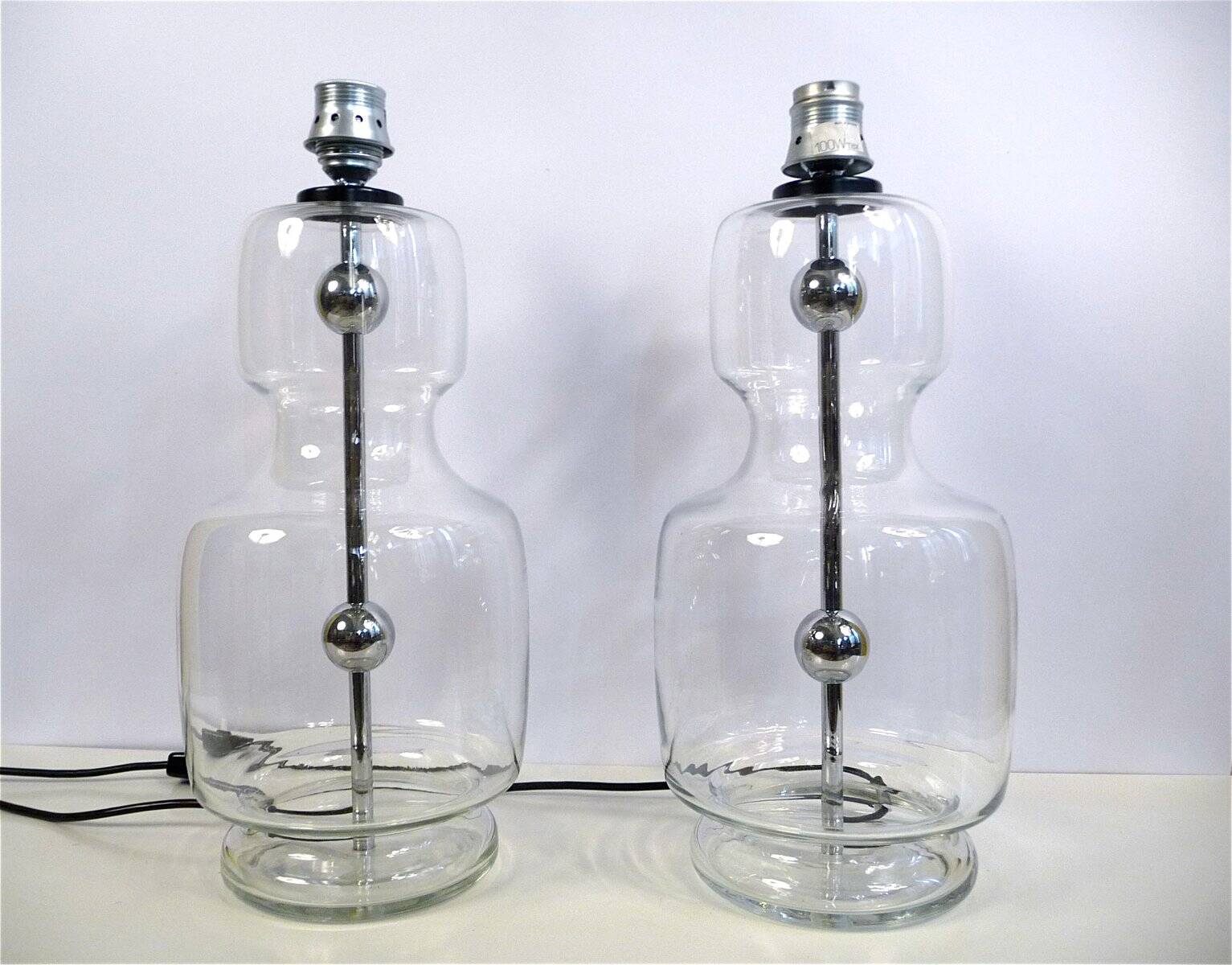 Set of 2 Glass & chrome table lamps with alcantara lampshades, 1960s