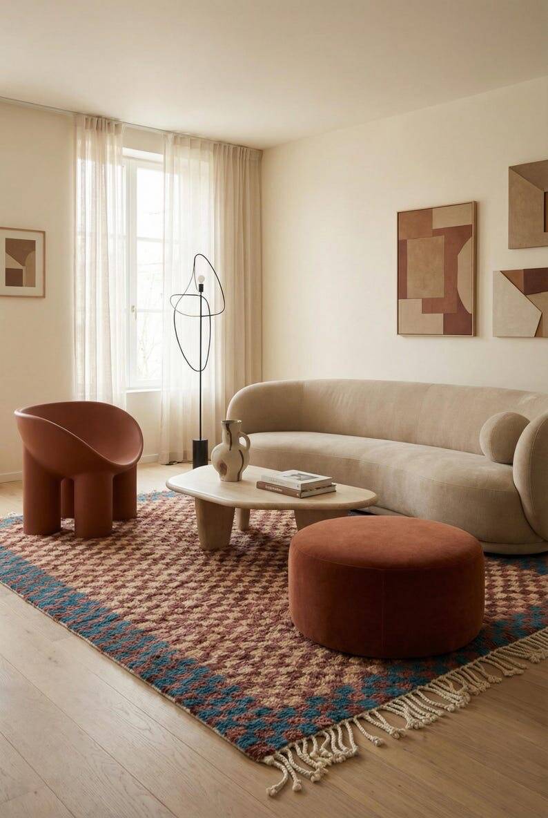 Handmade natural wool rug with colourful patterns, size 150/250 cm.