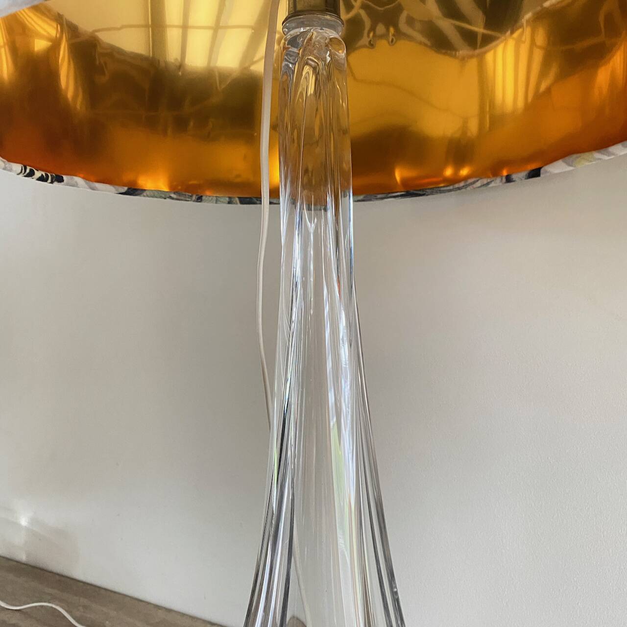 Pair large clear crystal val saint lambert table lamps - belgium 1950's