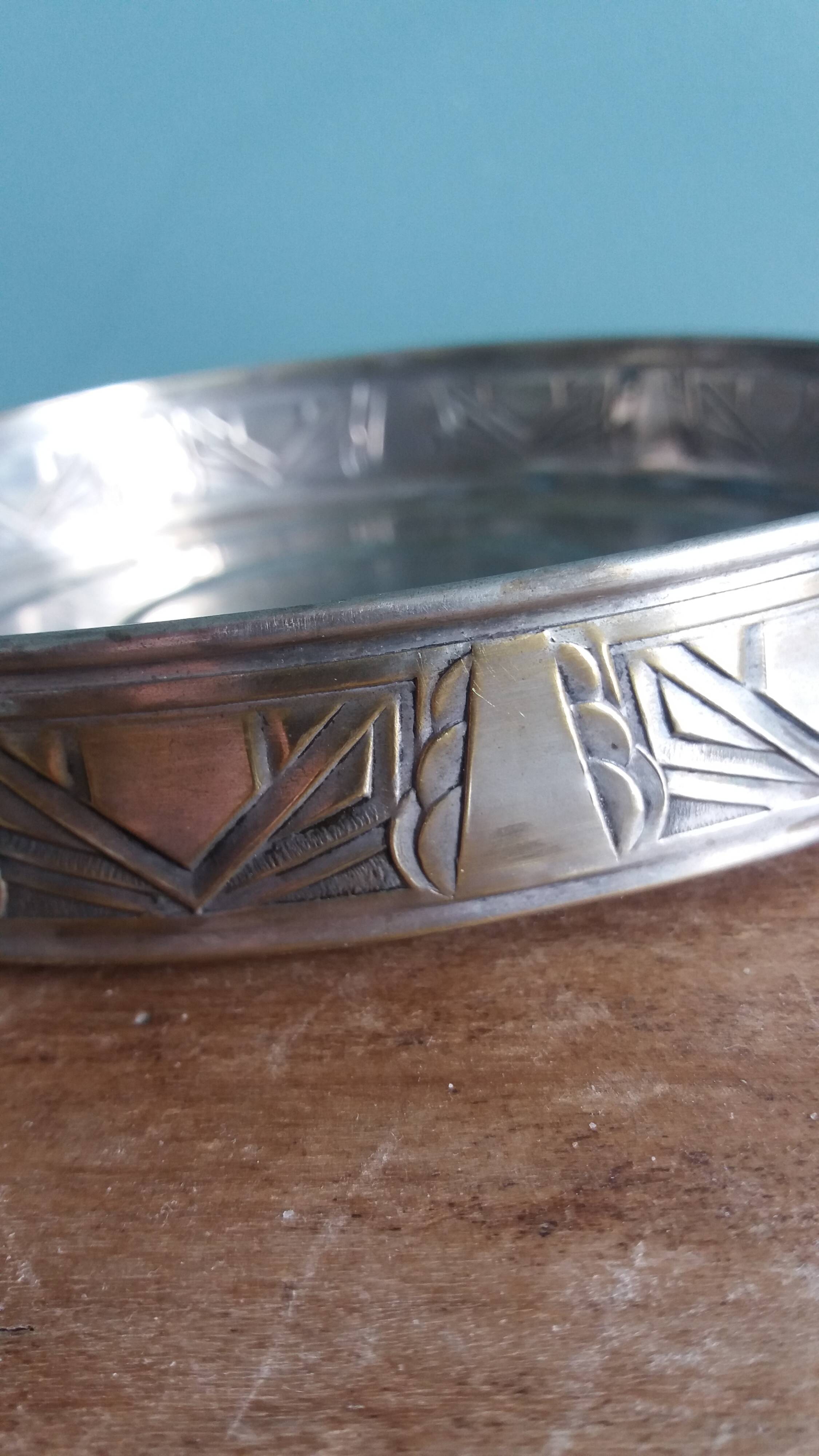Aperitif platter, metal server and glass ramekins, Art Deco
