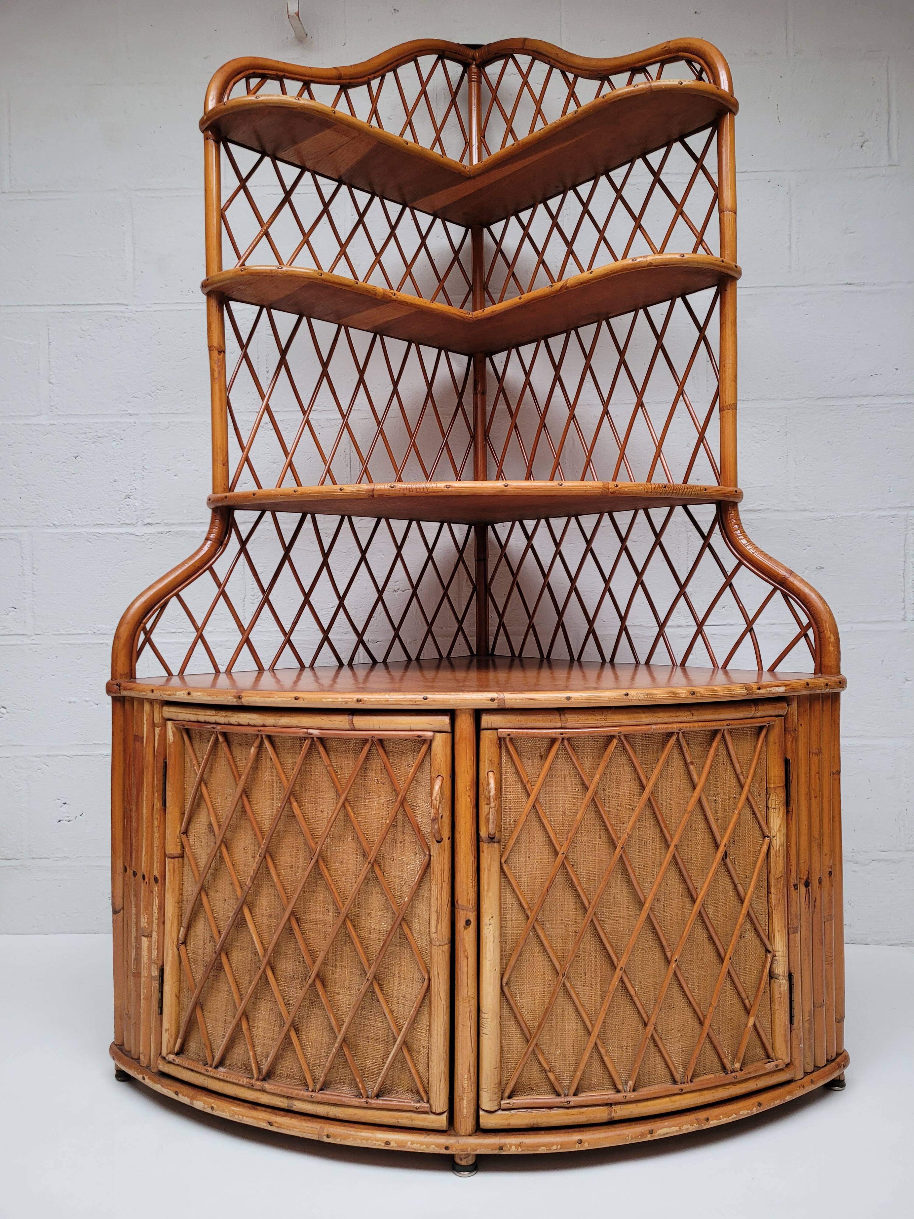 1960s vintage corner rattan bookshelf