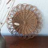 Miroir rotin  osier vintage forme fleur 1960 diamètre 37cm