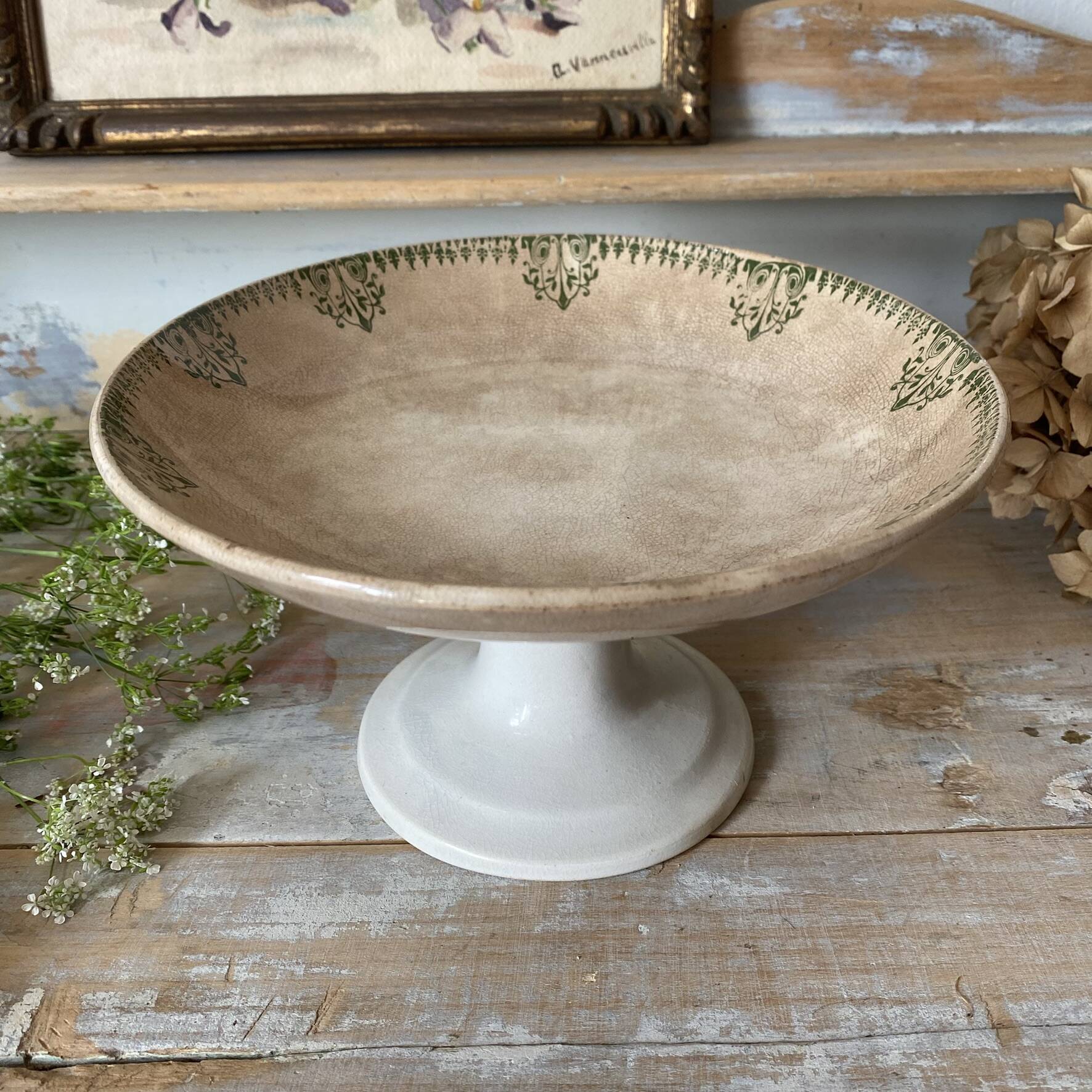 Patinated ironware compote dish, antique fruit bowl.