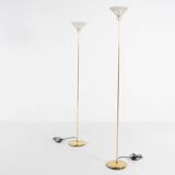 Pair of Italian golden floor lamps with glass shade, 1970’s