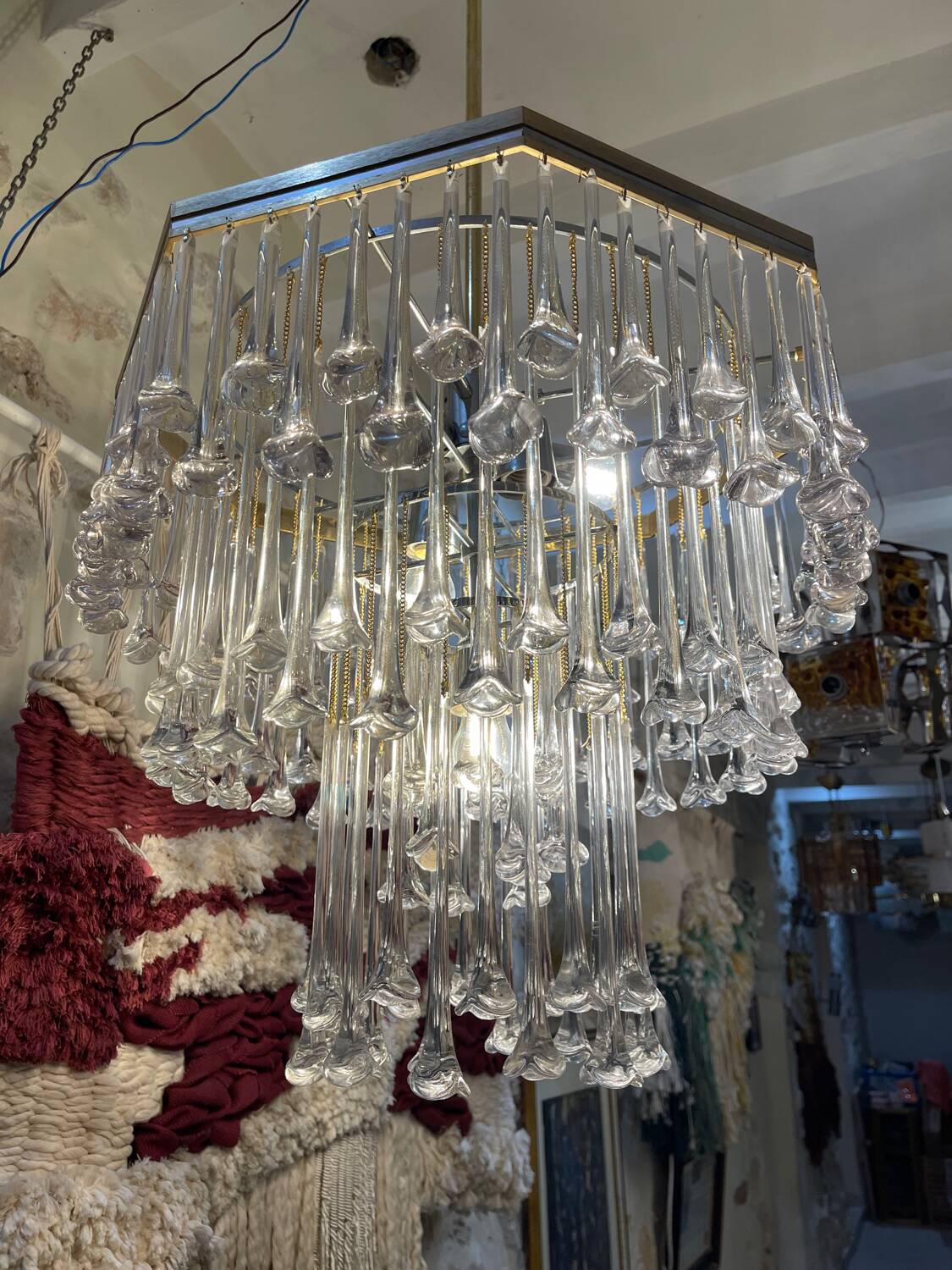 Venini lustre verre florale structure laiton , Italie 1980